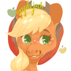 Size: 1280x1280 | Tagged: safe, artist:alabasterpeony, part of a set, applejack, earth pony, pony, g4, blushing, bust, cowboy hat, cutie mark background, female, freckles, hat, looking sideways, mare, simple background, smiling, solo, transparent background