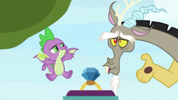 Size: 1280x720 | Tagged: safe, screencap, discord, spike, draconequus, dragon, g4, the big mac question, claws, feet, flying, male, male feet, ring, sky, spike is not amused, unamused, underfoot, wedding ring, winged spike, wings