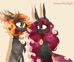Size: 2178x1824 | Tagged: safe, artist:manella-art, oc, oc only, changeling, pony, unicorn, curved horn, fangs, female, horn, mare, red changeling