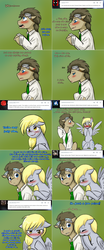 Size: 1562x3758 | Tagged: safe, artist:jitterbugjive, derpy hooves, doctor whooves, time turner, earth pony, pony, lovestruck derpy, g4, blushing, clothes, goggles, shirt, spread wings, theenamoredclockmaker, wingboner, wings