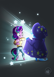 Size: 955x1351 | Tagged: safe, artist:mysticalpha, starlight glimmer, trixie, unicorn, anthro, unguligrade anthro, g4, cape, clothes, duo, duo female, female, flashing, funny, hat, shrunken pupils, trixie's cape, trixie's hat