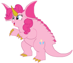 Size: 1673x1443 | Tagged: safe, artist:supersamyoshi, pinkie pie, kaiju, g4, baragon, big ears, crossover, female, fusion, godzilla (series), horn, kaijufied, simple background, solo, species swap, transparent background, unicorn horn