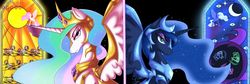 Size: 1920x644 | Tagged: safe, artist:coolcoolskies, nightmare moon, nightmare star, pony, g4, armor, chains
