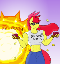 Size: 1280x1355 | Tagged: safe, artist:matchstickman, apple bloom, earth pony, anthro, matchstickman's apple brawn series, tumblr:where the apple blossoms, g4, abs, apple, apple brawn, biceps, bits, breasts, busty apple bloom, buy some apples, clothes, coin, comic, cool guys don't look at explosions, deltoids, explosion, female, fingerless gloves, food, gloves, gradient background, jeans, kaboom, mare, midriff, money, muscles, no dialogue, older, older apple bloom, pants, pecs, shirt, single panel, solo, sports bra, straw in mouth, sunglasses, tank top, tumblr comic