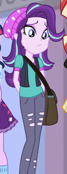 Size: 331x862 | Tagged: safe, screencap, sci-twi, starlight glimmer, sunset shimmer, twilight sparkle, equestria girls, equestria girls specials, g4, mirror magic, bag, beanie, cropped, hat