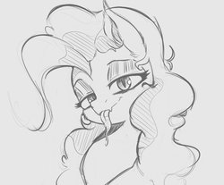 Size: 1213x1004 | Tagged: safe, artist:tre, pinkie pie, bat pony, pony, g4, bat ponified, bust, female, grayscale, lidded eyes, looking at you, mare, monochrome, pinkiebat, portrait, race swap, solo, tongue out