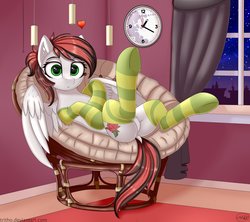 Size: 4096x3634 | Tagged: safe, alternate version, artist:konidouga, oc, oc only, oc:siren, pegasus, pony, fallout equestria, fanfic:fallout equestria: broken oaths, butt, chair, clock, clothes, dock, featureless crotch, female, heart, on back, papasan, plot, socks, solo, striped socks, window, ych result
