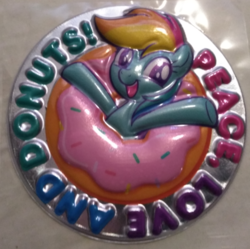 Size: 635x633 | Tagged: source needed, safe, rainbow dash, pegasus, pony, g4, donut, female, food, mare, merchandise, photo, solo, sticker