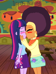 Size: 3000x3938 | Tagged: safe, artist:bigpurplemuppet99, saffron masala, twilight sparkle, human, equestria girls, g4, 30 day otp challenge, 5, afro, duo, equestria girls-ified, female, high res, kiss on the lips, kissing, lesbian, shipping, the tasty treat, twiffron