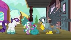 Size: 1920x1080 | Tagged: safe, screencap, gabby, rarity, spike, dragon, griffon, pony, dragon dropped, g4, backpack, clothes, gem, hat, scarf, winged spike, wings