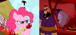 Size: 1409x656 | Tagged: safe, screencap, pinkie pie, earth pony, human, pony, g4, green isn't your color, aladdin, apple, farouk, food