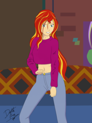 Size: 1500x2000 | Tagged: safe, artist:deltalima, sunset shimmer, human, equestria girls, g4, belly button, dancing, humanized, sunset's apartment, sweat
