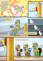 Size: 751x1063 | Tagged: safe, artist:mysticalpha, oc, oc only, oc:captain sunride, oc:cloud zapper, oc:silver hoof, oc:stonewall, pegasus, pony, unicorn, comic:cloud zapper and the helm of chaos, armor, comic, female, male, mare, royal guard, stallion