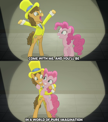 Size: 1280x1440 | Tagged: safe, edit, edited screencap, screencap, cheese sandwich, pinkie pie, pony, g4, the last laugh, caption, female, heartwarming, hug, lyrics in the description, male, pure imagination, roald dahl, ship:cheesepie, shipping, song in the description, song reference, straight, willy wonka, willy wonka and the chocolate factory, youtube link