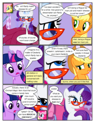 Size: 612x792 | Tagged: safe, artist:newbiespud, edit, edited screencap, screencap, applejack, fluttershy, pinkie pie, rarity, twilight sparkle, earth pony, pegasus, pony, unicorn, comic:friendship is dragons, g4, suited for success, annoyed, comic, dialogue, eyeroll, female, freckles, frown, glasses, glowing horn, grin, hat, hooves, horn, levitation, looking back, looking down, magic, mare, open mouth, screencap comic, sewing, smiling, telekinesis, unamused, unicorn twilight, worried