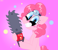 Size: 1338x1152 | Tagged: safe, artist:spritecranbirdie, pinkie pie, earth pony, pony, cupcakes hd, g4, chainsaw, female, grimcute, insanity, mare, smiling, solo