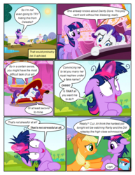Size: 612x792 | Tagged: safe, artist:newbiespud, edit, edited screencap, screencap, applejack, rainbow dash, rarity, twilight sparkle, earth pony, pegasus, pony, unicorn, comic:friendship is dragons, g4, lesson zero, bench, comic, cowboy hat, dialogue, fainting couch, female, floppy ears, freckles, glowing horn, hat, hooves, horn, looking down, looking up, lying down, magic, mare, ponyville, puddle, screencap comic, sitting, standing, sun, twilight snapple, unicorn twilight, windmill, worried