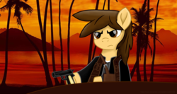 Size: 10235x5457 | Tagged: safe, artist:ejlightning007arts, oc, oc:ej, pony, cast, clothes, crossover, gun, handgun, male, orange background, palm tree, pistol, ponified, scarface, serious, serious face, simple background, solo, stallion, table, tree, weapon