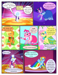 Size: 612x792 | Tagged: safe, artist:newbiespud, edit, edited screencap, screencap, applejack, fluttershy, pinkie pie, rainbow dash, rarity, twilight sparkle, earth pony, pegasus, pony, unicorn, comic:friendship is dragons, g4, suited for success, boots, braided tail, clothes, comic, cowboy hat, cutie mark background, dialogue, dress, eyes closed, female, freckles, gala dress, glowing horn, hat, hoof shoes, hooves, horn, laurel wreath, magic, mane six, mare, open mouth, raised hoof, screencap comic, shoes, smiling, spread wings, unicorn twilight, wings