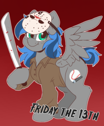Size: 847x1024 | Tagged: safe, artist:littlebibbo, oc, oc:bibbo, pegasus, pony, blood, clothes, costume, cutie mark, freckles, friday the 13th, jacket, jason voorhees, looking at you, machete, mask, red background, simple background, tail bun, text, wings