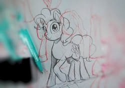 Size: 2831x1988 | Tagged: safe, artist:perezadotarts, pinkie pie, earth pony, pony, g4, blurry, cutie mark, female, lineart, looking at you, paper, pencil, photo, sketch, smiling, solo