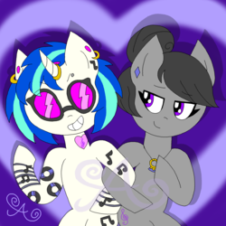 Size: 2000x2000 | Tagged: safe, artist:alannaartroid, dj pon-3, octavia melody, vinyl scratch, earth pony, pony, unicorn, icey-verse, g4, alternate hairstyle, bipedal, commission, ear piercing, earring, eyebrow piercing, female, glasses, grin, heart, high res, horn, horn ring, jewelry, lesbian, looking at each other, mare, necklace, piercing, redesign, ring, ship:scratchtavia, shipping, smiling, tattoo, vinyl's glasses, wedding ring