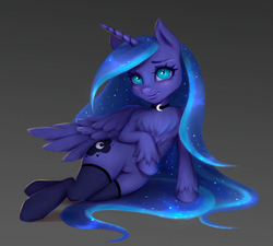 Size: 2985x2685 | Tagged: safe, artist:ketlimur, princess luna, alicorn, pony, semi-anthro, g4, arm hooves, blushing, chest fluff, choker, clothes, collar, cute, disproportional anatomy, eyeshadow, female, gray background, high res, looking at you, makeup, mare, simple background, smiling, solo, stockings, thigh highs, unshorn fetlocks