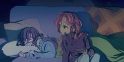 Size: 1855x934 | Tagged: safe, artist:5mmumm5, sci-twi, sunset shimmer, twilight sparkle, equestria girls, g4, anime, blanket, controller, cute, female, gamer sunset, lesbian, night, pillow, ship:sci-twishimmer, ship:sunsetsparkle, shipping, sleeping