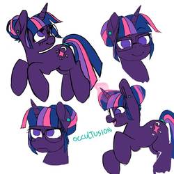 Size: 894x894 | Tagged: safe, artist:onionpwder, twilight sparkle, pony, unicorn, g4, alternate hairstyle, ear piercing, earring, female, glasses, glowing horn, hair bun, horn, jewelry, mare, open mouth, piercing, raised hoof, redesign, signature, simple background, solo, unicorn twilight, white background