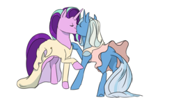 Size: 1024x577 | Tagged: safe, artist:peikonhannantupsu, starlight glimmer, trixie, pony, unicorn, g4, butt, clothes, dress, duo, female, kiss on the lips, kissing, lesbian, mare, marriage, plot, ship:startrix, shipping, simple background, transparent background, wedding, wedding dress