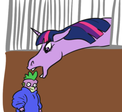 Size: 660x607 | Tagged: safe, artist:jargon scott, spike, twilight sparkle, dragon, horse, pony, unicorn, g4, clothes, coat, faic, hoers, horses doing horse things, imminent pain, open mouth, ponified, ponified animal photo, this will end in pain, this will end in tears