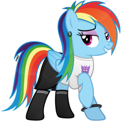 Size: 3400x3400 | Tagged: safe, artist:a4r91n, rainbow dash, pegasus, pony, g4, alternate hairstyle, bedroom eyes, bracelet, clash of hasbro's titans, clothes, decepticon, ear piercing, earring, eyeshadow, fangirl, female, high res, jewelry, looking at you, makeup, mare, piercing, punk, raised hoof, shirt, simple background, skirt, socks, solo, t-shirt, transformers, transparent background, vector