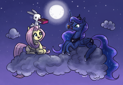 Size: 1800x1246 | Tagged: safe, artist:king-kakapo, angel bunny, fluttershy, princess luna, alicorn, pegasus, pony, rabbit, g4, animal, cloud, curved horn, cute, digital art, eating, female, food, full moon, glowing horn, horn, lunabetes, lying on a cloud, magic, male, mare, mid-autumn festival, moon, mooncake, night, night sky, open mouth, prone, shyabetes, sky, stars, telekinesis, tongue out, trio