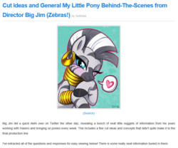 Size: 836x697 | Tagged: safe, zecora, pony, zebra, equestria daily, g4, colored hooves, ear piercing, earring, female, heart, interview, jewelry, jim miller, looking at you, mare, necklace, one eye closed, piercing, question and answer, sethisto, solo, speech bubble, website, what could have been, wink