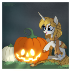 Size: 1024x1024 | Tagged: safe, artist:kazziepones, oc, oc only, oc:aurora, alicorn, pony, clothes, female, halloween, holiday, jack-o-lantern, mare, pumpkin, scarf, solo, two toned wings, wings