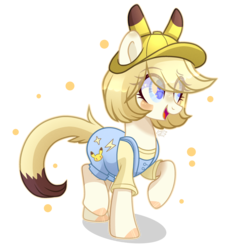 Size: 2735x2823 | Tagged: safe, artist:mint-light, artist:sugaryicecreammlp, oc, oc only, oc:pika, earth pony, pikachu, pony, base used, cap, commission, eye clipping through hair, female, hat, high res, mare, overalls, pokémon, raised hoof, simple background, solo, transparent background