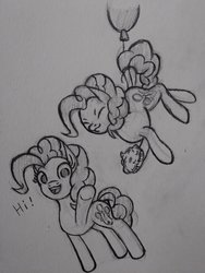 Size: 1560x2080 | Tagged: safe, artist:thehuskylord, pinkie pie, earth pony, pony, g4, balloon, clone, cream pie, female, floating, food, hoof hold, lineart, mare, pencil drawing, pie, pinkie clone, then watch her balloons lift her up to the sky, traditional art, waving