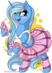 Size: 751x1063 | Tagged: safe, artist:julunis14, oc, oc only, oc:glacandra, pony, unicorn, belly button, blushing, cheerleader, cheerleader outfit, clothes, ear fluff, female, leg warmers, mare, midriff, open mouth, pleated skirt, pom pom, rearing, simple background, skirt, solo, transparent background