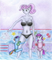 Size: 2462x2831 | Tagged: safe, artist:sinaherib, sweetie belle, oc, oc:amber earring, oc:rainfall, anthro, g4, bikini, breasts, busty sweetie belle, clothes, female, high res, male, offspring, older, one-piece swimsuit, parent:fancypants, parent:rainbow dash, parent:rarity, parent:soarin', parents:raripants, parents:soarindash, swimsuit, traditional art