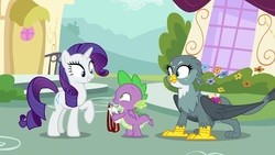 Size: 1920x1080 | Tagged: safe, screencap, gabby, rarity, spike, dragon, griffon, pony, dragon dropped, g4, winged spike, wings