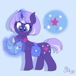 Size: 2000x2000 | Tagged: safe, artist:alannaartroid, twilight sparkle, pony, unicorn, g4, alternate cutie mark, alternate hairstyle, alternate universe, blue background, book, bowtie, curved horn, female, glasses, glowing horn, high res, horn, mare, raised hoof, redesign, saddle bag, simple background, solo, unicorn twilight