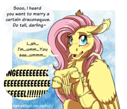 Size: 1344x1152 | Tagged: safe, artist:inuhoshi-to-darkpen, fluttershy, pony, g4, she talks to angel, blushing, cute, ear fluff, ear tufts, embarrassed, feathered fetlocks, female, fluffy, implied discord, implied discoshy, implied rarity, implied shipping, implied straight, internal screaming, offscreen character, shyabetes, solo, speech bubble, thought bubble, unshorn fetlocks, wing claws