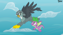 Size: 1920x1080 | Tagged: safe, artist:banquo0, gabby, spike, dragon, griffon, dragon dropped, g4, female, flying, male, ship:spabby, shipping, straight, winged spike, wings