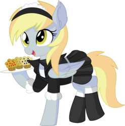 Size: 6742x6824 | Tagged: safe, artist:cyanlightning, derpy hooves, pegasus, pony, g4, .svg available, absurd resolution, clothes, cute, ear fluff, female, folded wings, food, maid, mare, muffin, simple background, socks, solo, stockings, thigh highs, transparent background, vector, wings