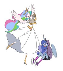 Size: 1280x1440 | Tagged: safe, artist:bartolomeus_, princess celestia, princess luna, human, g4, ankle socks, bag, bandage, bandaid, clothes, converse, cute, dress, duo, duo female, ear piercing, earring, female, food, high heels, hoodie, horn, horned humanization, humanized, jewelry, looking at you, majestic as fuck, no pupils, paper bag, piercing, sandwich, shoes, shorts, siblings, sisters, sneakers, socks, tiara, tongue out, winged humanization, wings
