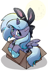 Size: 801x1200 | Tagged: safe, artist:yukandasama, princess luna, alicorn, pony, g4, bow, box, bunny ears, cookie, crown, cute, female, filly, food, hoof shoes, jewelry, lunabetes, open mouth, pixiv, pony in a box, regalia, simple background, solo, white background, woona, younger