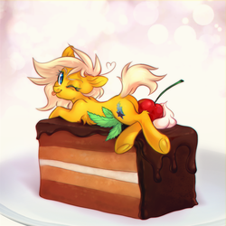 Size: 1000x1000 | Tagged: safe, artist:ls_skylight, oc, oc only, oc:lightning star, earth pony, pony, butt, cake, cherry, chest fluff, female, food, gift art, leaf, lying down, mare, micro, mint leaves, one eye closed, plot, ponies in food, raised tail, solo, tail, tongue out, underhoof, wink