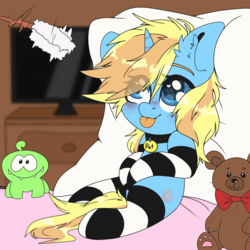 Size: 2500x2500 | Tagged: safe, artist:etoz, oc, oc only, oc:skydreams, pony, unicorn, bed, blushing, clothes, collar, female, heart eyes, high res, mare, pet play, pet tag, pillow, pony pet, socks, solo, striped socks, teddy bear, tongue out, wingding eyes
