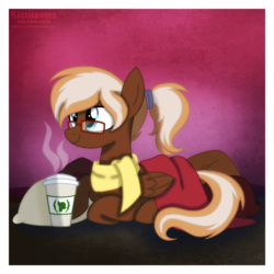 Size: 894x894 | Tagged: safe, artist:kazziepones, oc, oc only, oc:coffee creme, pegasus, pony, blanket, clothes, coffee, female, glasses, pillow, scarf, solo
