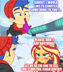 Size: 1144x1300 | Tagged: safe, artist:3d4d, edit, edited screencap, screencap, flash sentry, sunset shimmer, equestria girls, equestria girls series, g4, holidays unwrapped, spoiler:eqg series (season 2), confession, female, love, male, ship:flashimmer, shipping, straight